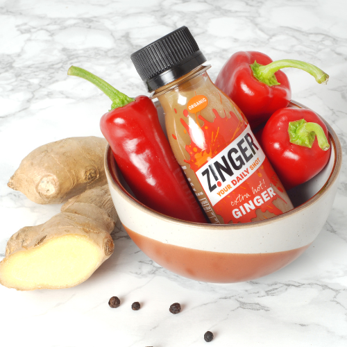 Organic Extra Hot Ginger Zinger Shot in a bowl with ingredients