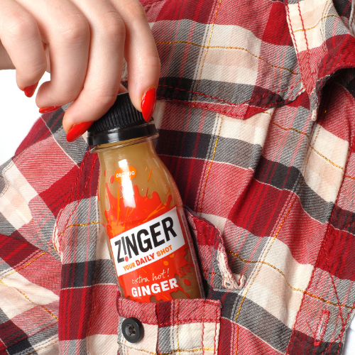Organic Extra Hot Ginger shot in a pocket