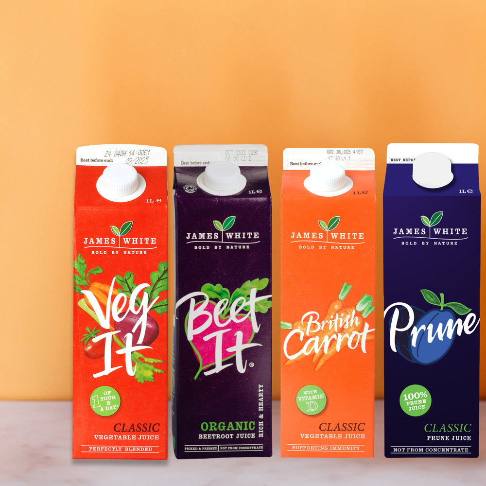 Four cartons of James White Juice - Veg It, Beet It, British Carrot and Prune Juice