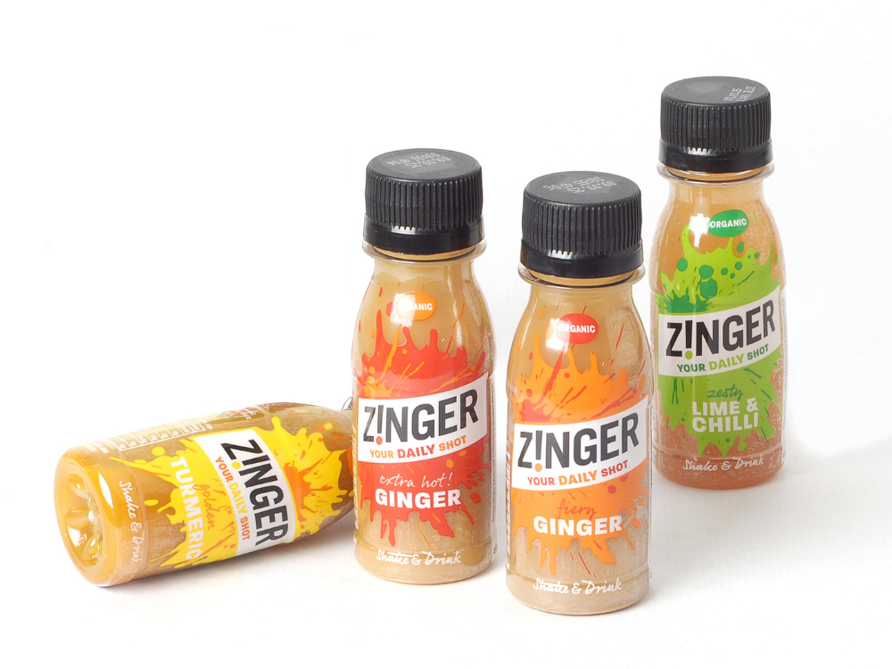 Organic range of Zinger shots - Ginger, Turmeric, Extra Hot Ginger and Lime & Chilli